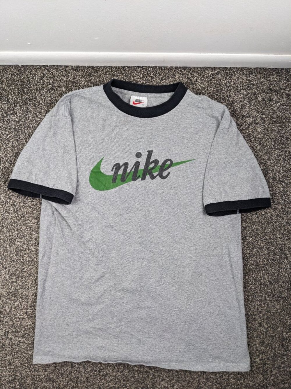 Vintage 90s Nike T-Shirt Ringer Center Swoosh Gray Black Mens Medium USA Made
